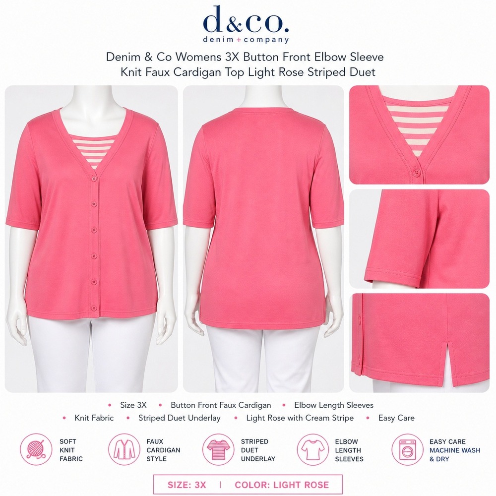 Denim & Co Womens 3X Light Rose Striped Duet Faux Cardigan Top A213679 NWT
